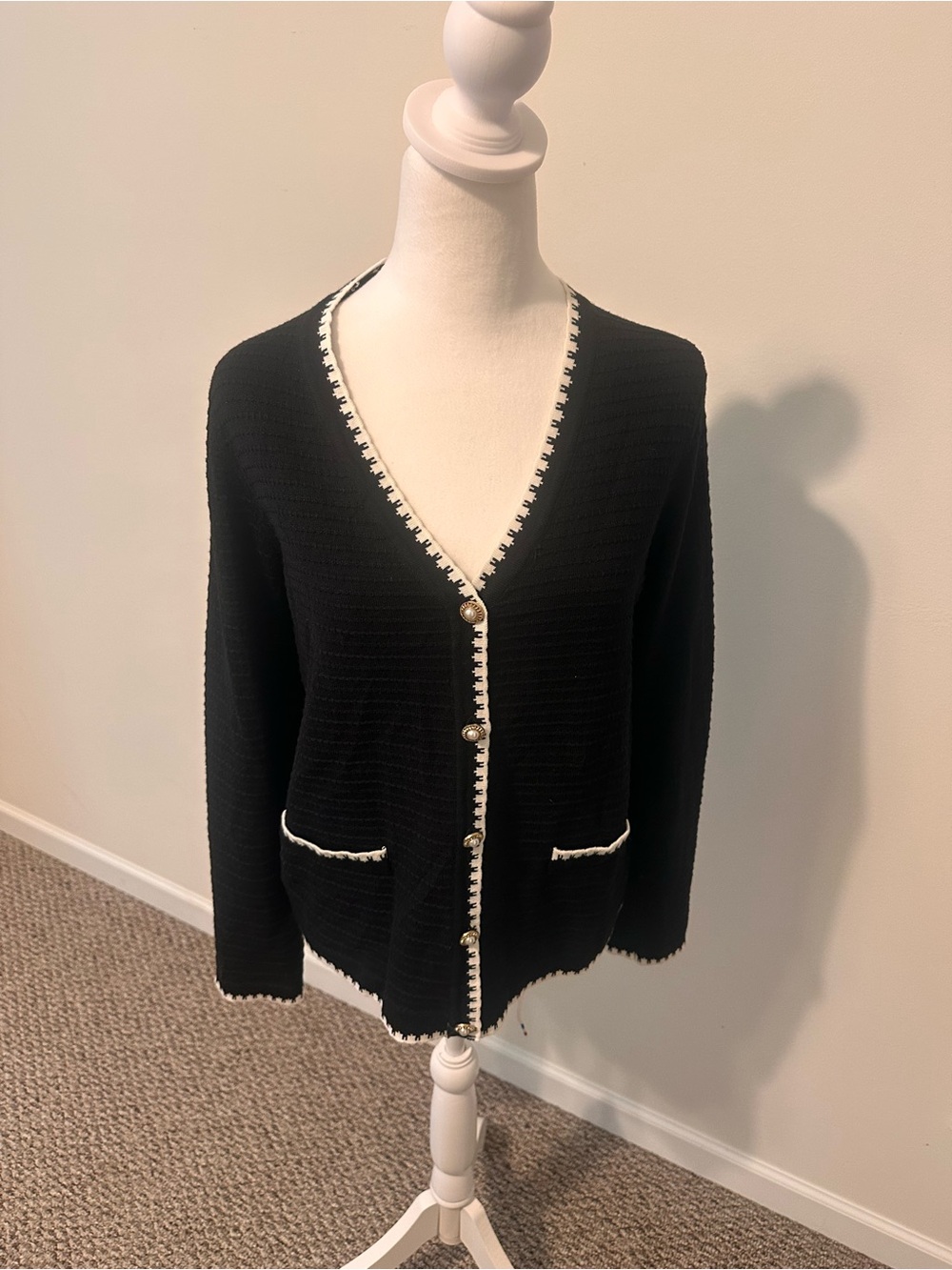 Adrianna Papell Black and White Trim Black Cardigan Size Medium